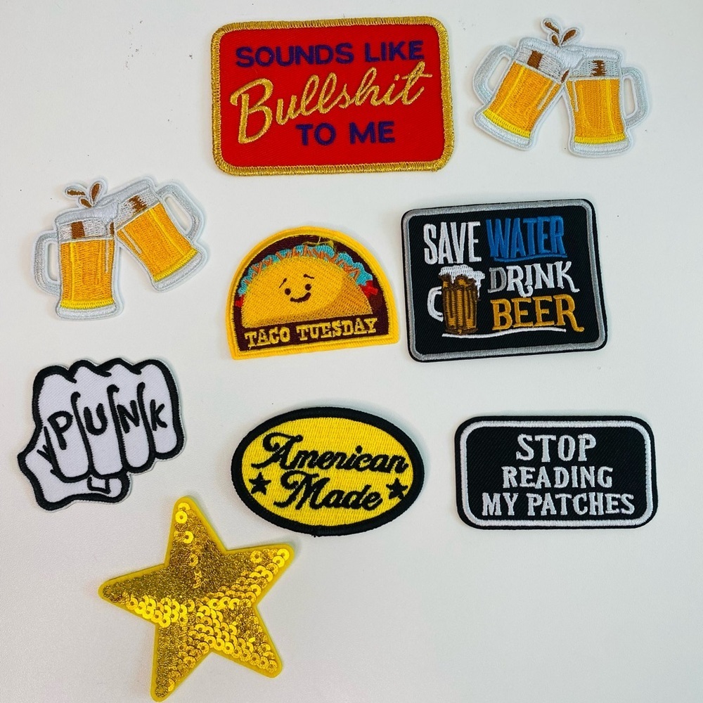 Lot of 9 embroidered iron on patches, men’s patches, beer, DIY projects